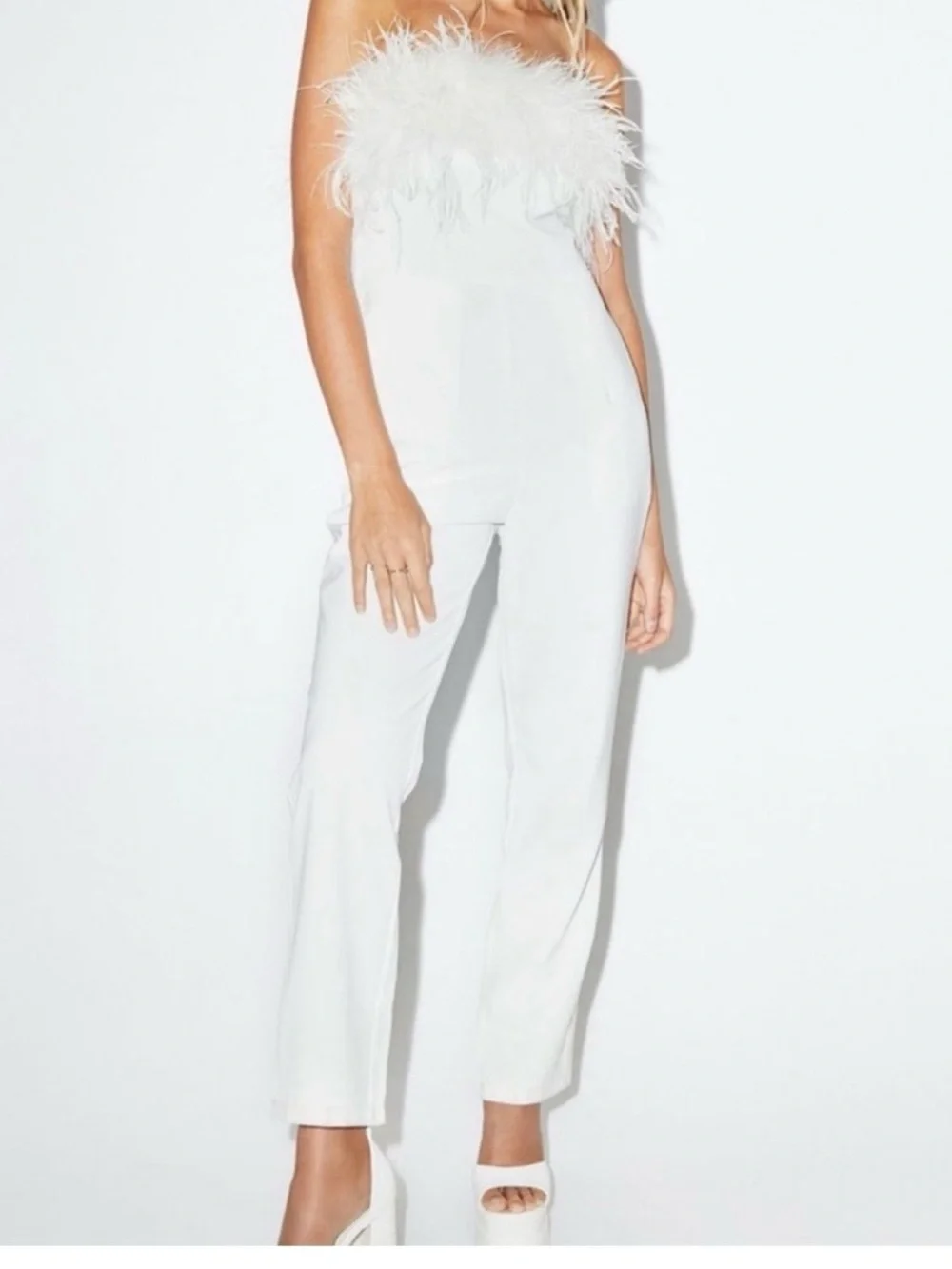 NastyGal Strapless Feather Cream Jumpsuit - Picture 4 of 4